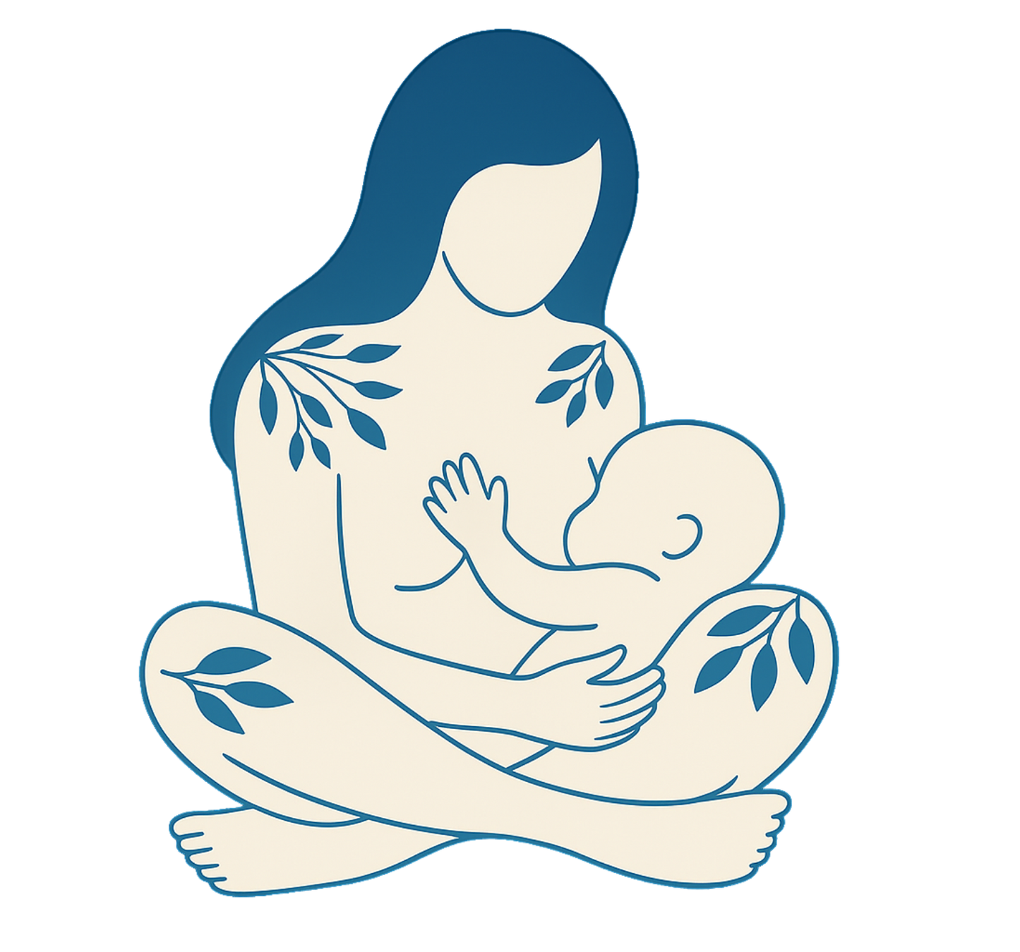 Illustration of a woman breastfeeding a baby with blue hair and leaves.