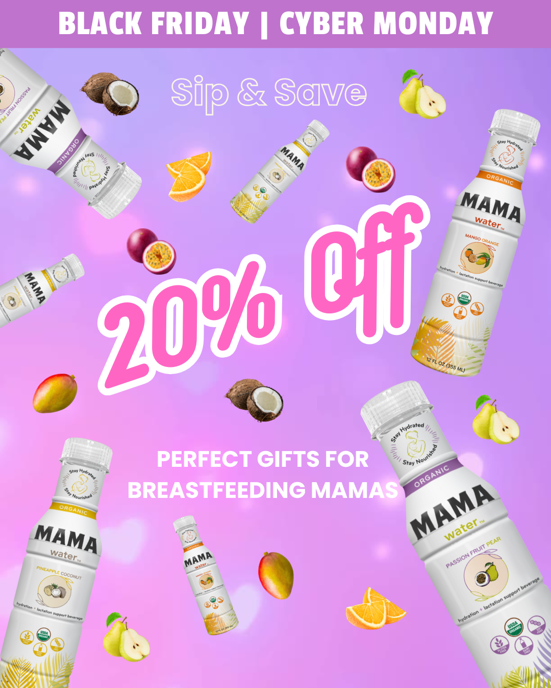 Promotional image for Mama water bottles with fruits and a 20% off offer on a purple background.