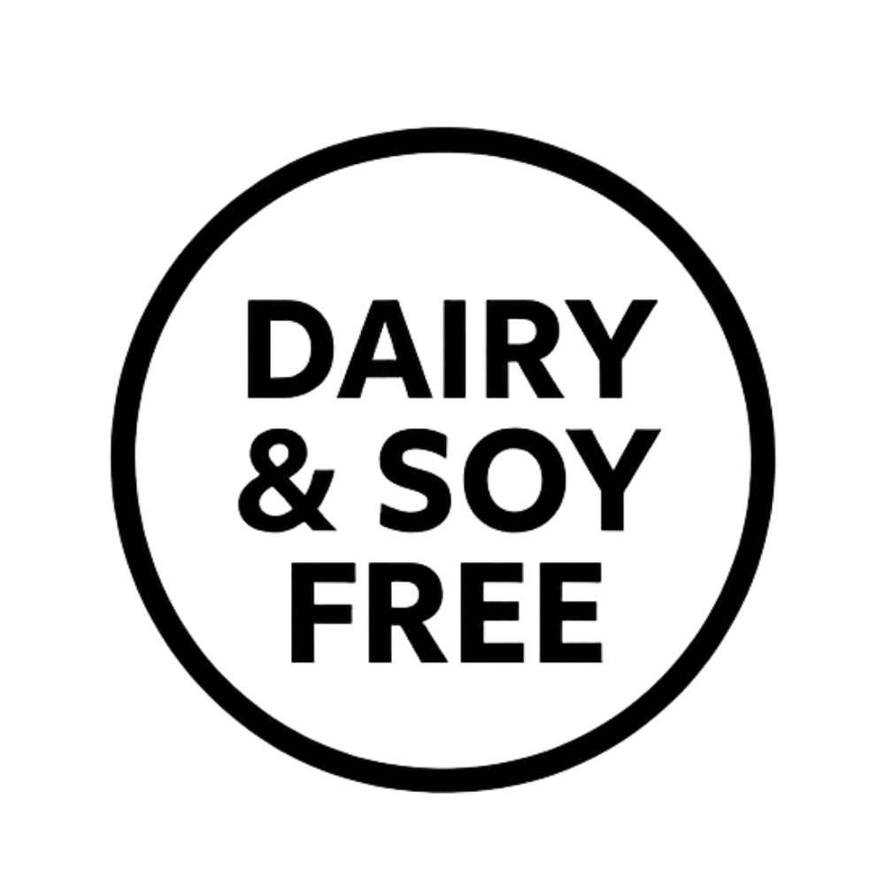 Dairy and soy free label with black text on a white background