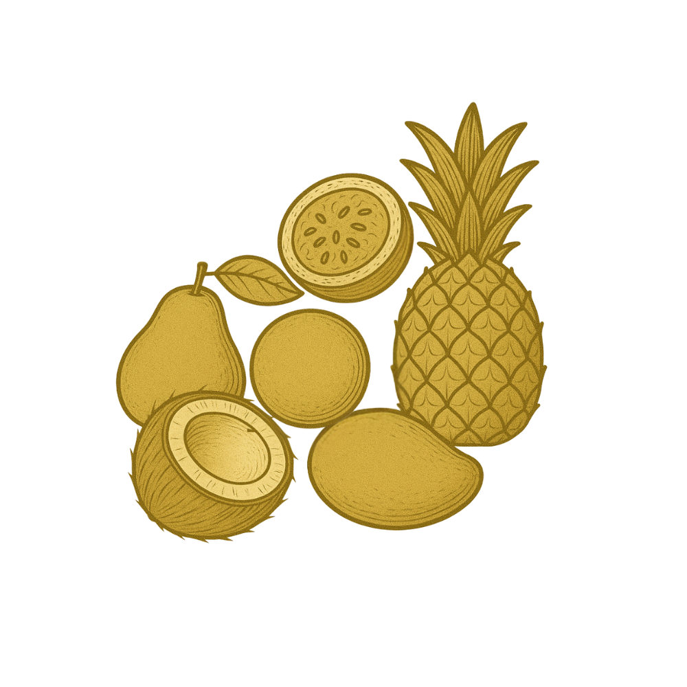 Illustration of fruits including a pineapple, mangoes, and a pear on a white background.