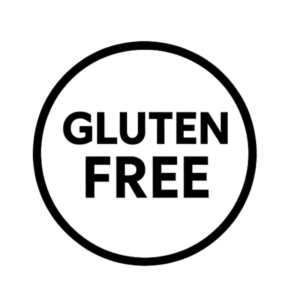 Gluten free label with black text on a white background