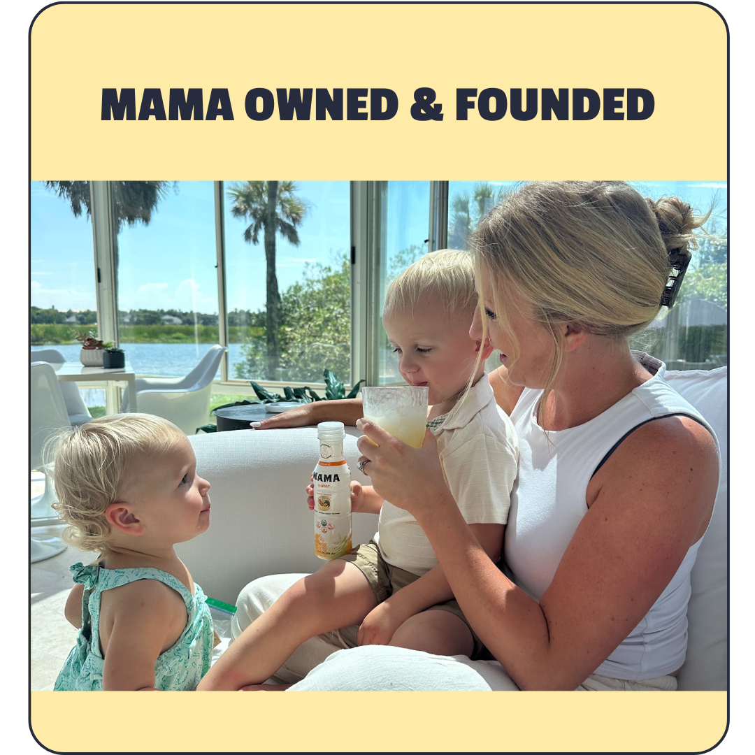 Woman with two children by a waterfront, with text 'Mama Owned & Founded' at the top.