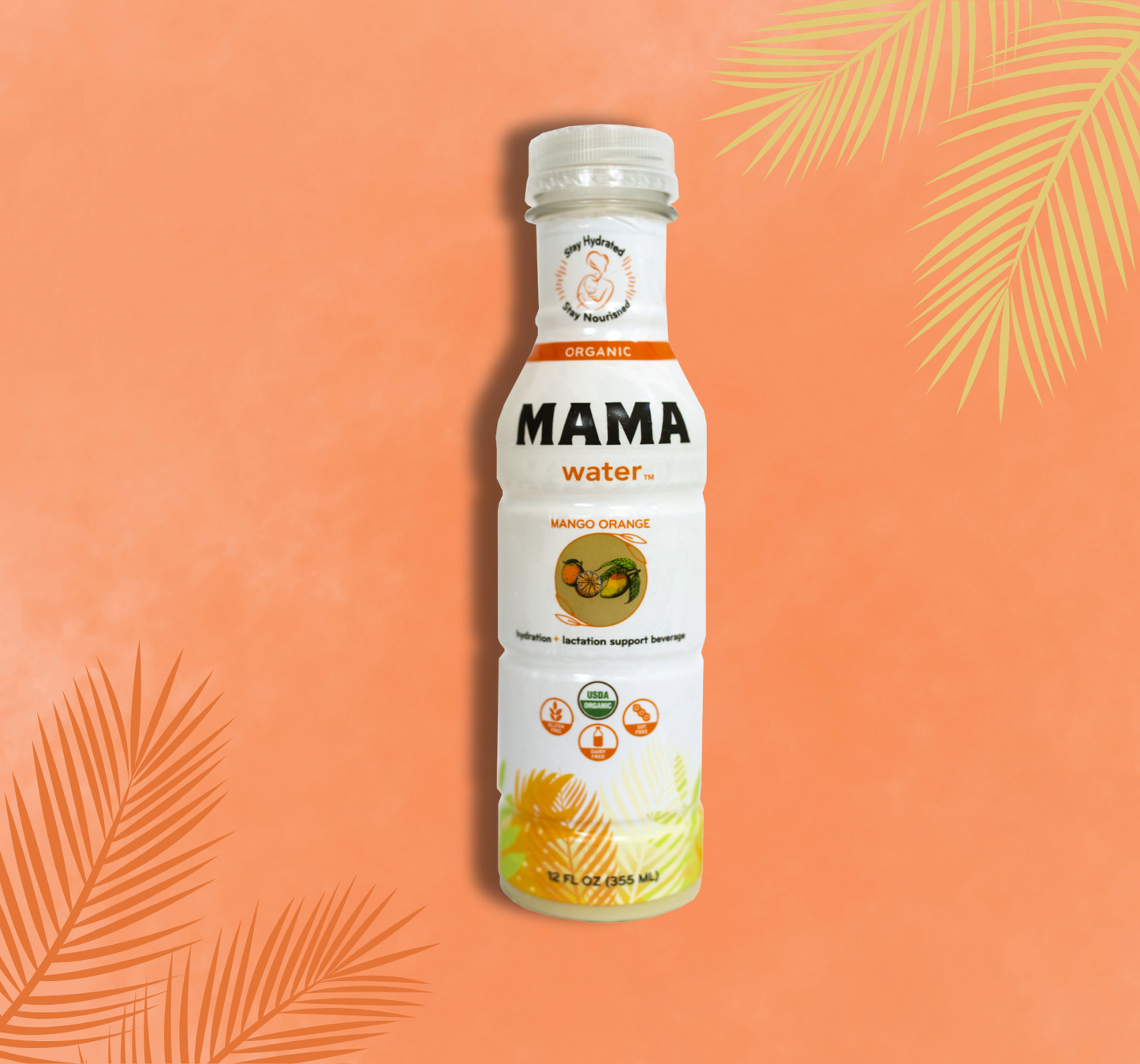 Bottle of MAMA water on an orange background with palm leaf designs