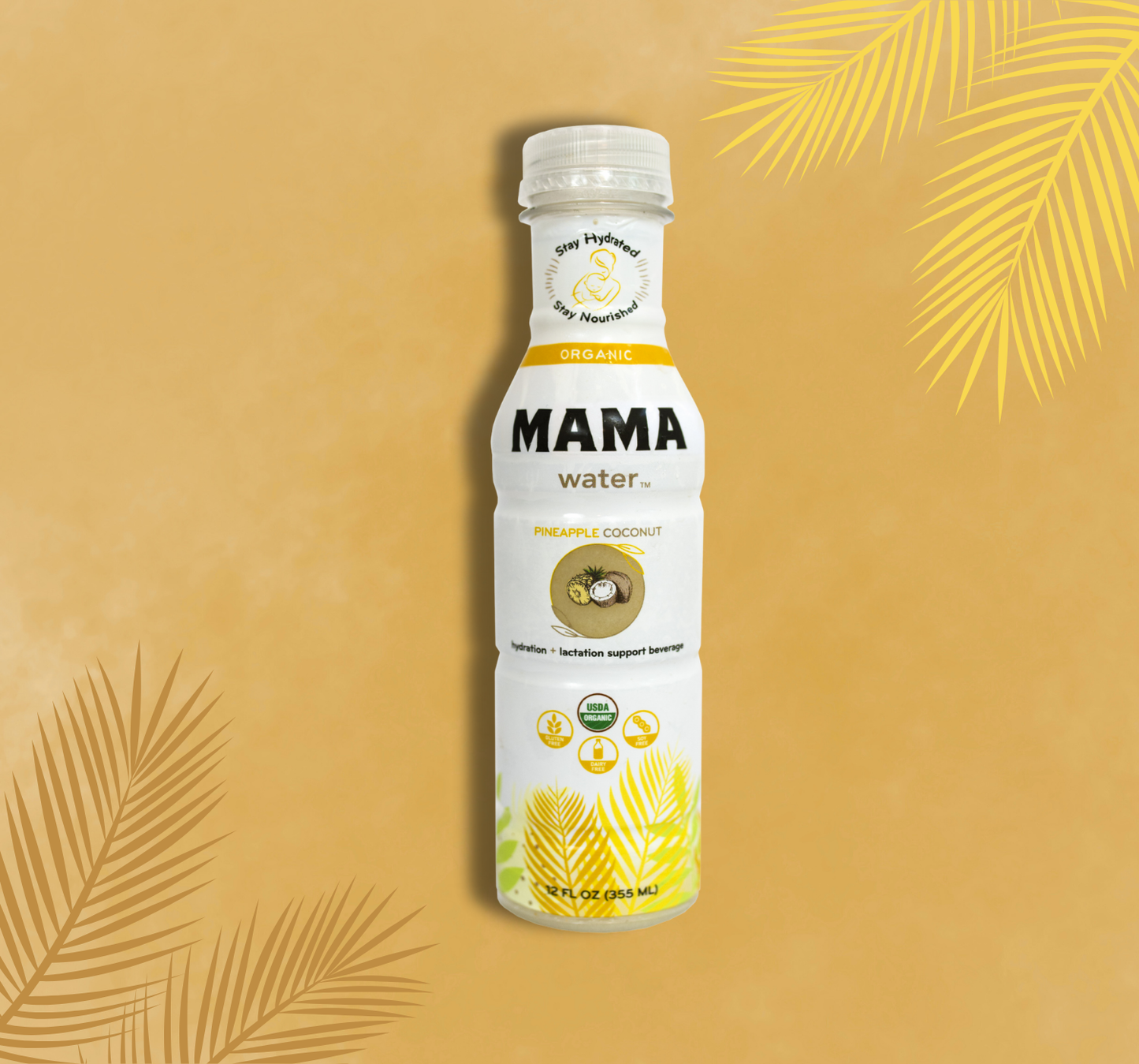 MAMA water bottle with pineapple and coconut flavor on a yellow background